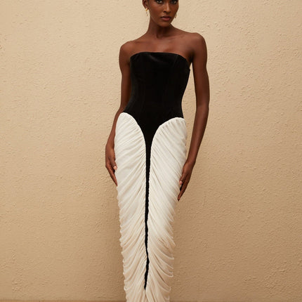 Lucy Black and White Velvet Corset Maxi Dress with Ruched Detailing