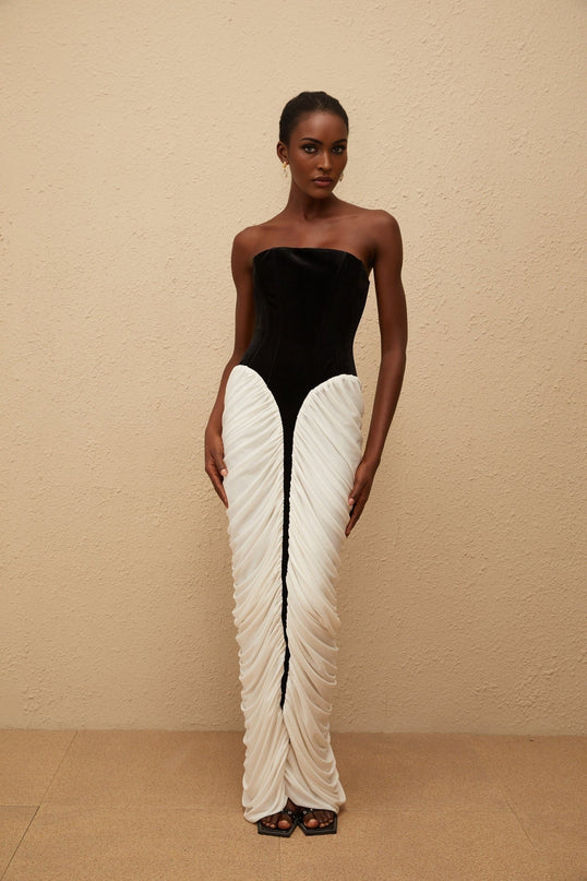 Lucy Black and White Velvet Corset Maxi Dress with Ruched Detailing