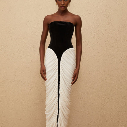 Lucy Black and White Corset Style Maxi Dress with Velvet Panels and Rear Slit