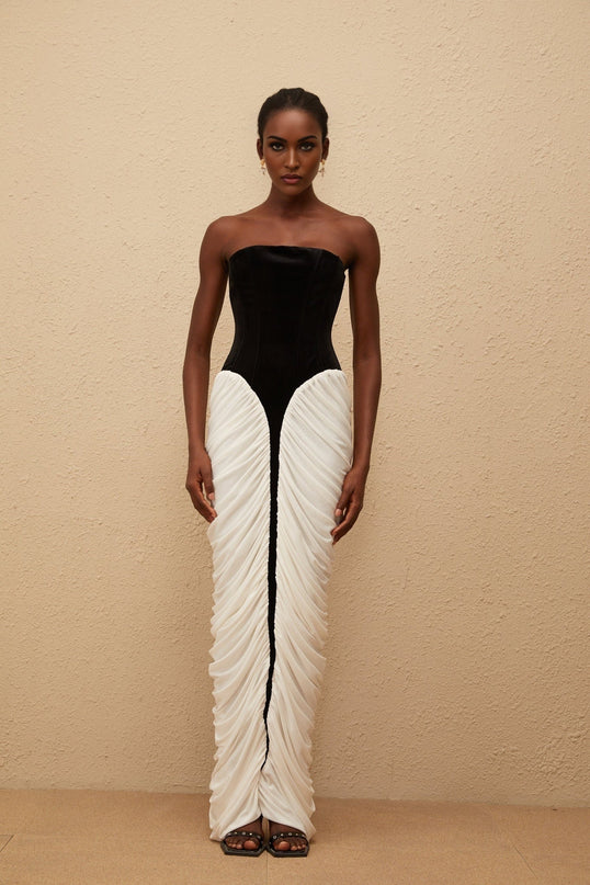 Lucy Black and White Corset Style Maxi Dress with Velvet Panels and Rear Slit