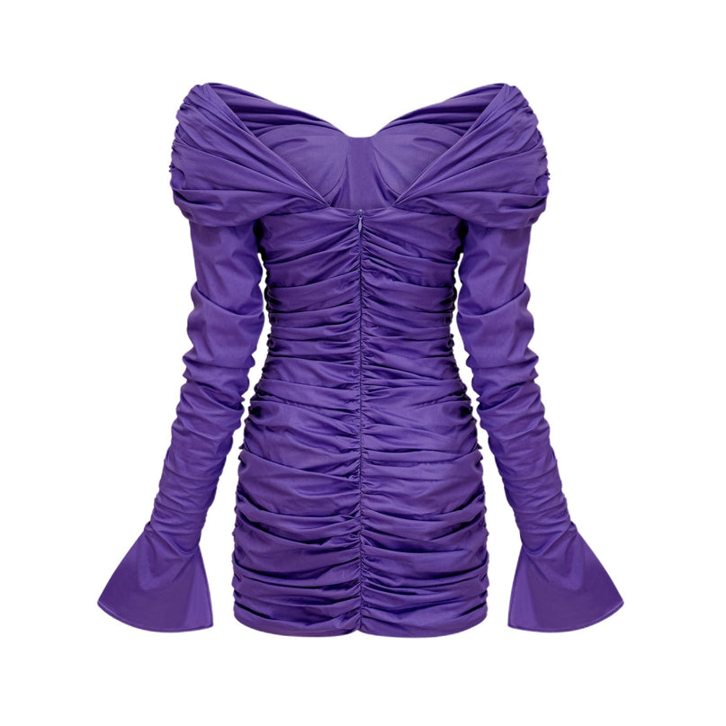 Lucy Mini Dress in Purple off-shoulder ruched stretchy fabric long sleeves thigh-length hem rear zip fastening 97% Polyester 3% Elastane