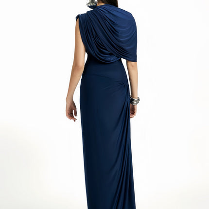 Lucy Navy Maxi Dress with Pleated, Asymmetrical, and Ruched Detailing