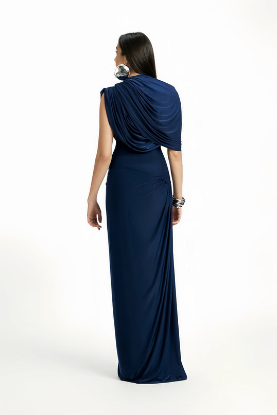 Lucy Navy Maxi Dress with Pleated, Asymmetrical, and Ruched Detailing