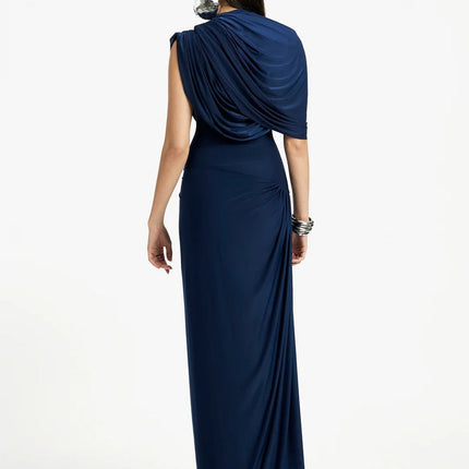 Lucy Navy Maxi Dress with Pleated, Asymmetrical, and Ruched Detailing