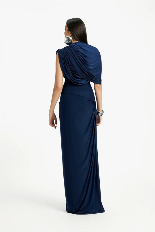 Lucy Navy Maxi Dress with Pleated, Asymmetrical, and Ruched Detailing