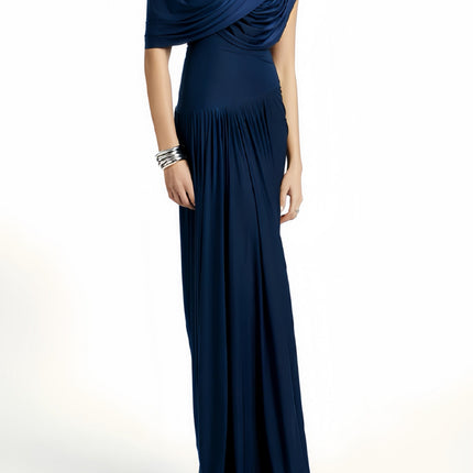 Lucy Navy Maxi Dress with Pleated, Asymmetrical, and Ruched Detailing