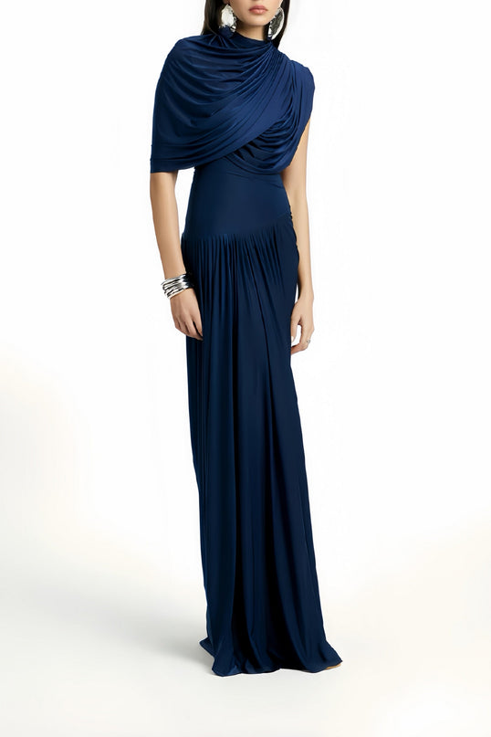 Lucy Navy Maxi Dress with Pleated, Asymmetrical, and Ruched Detailing