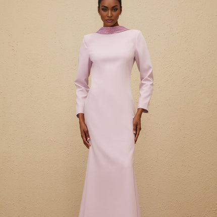 Lucy Purple Elegant Gown with Open Back and Rhinestone Embellishments