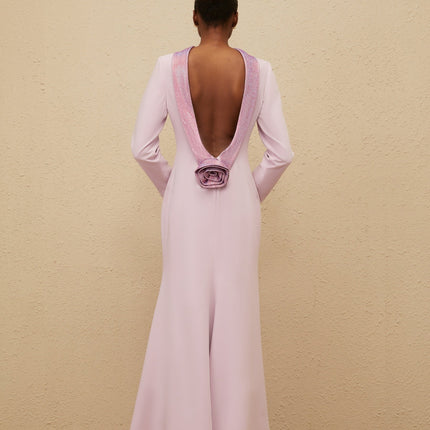 Lucy Purple Gown with Open Back and Faux-Flower Detailing