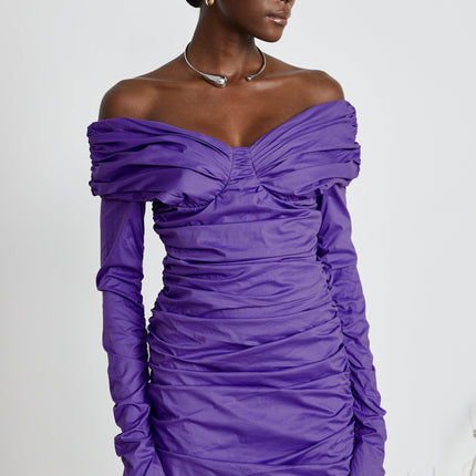 Lucy Purple Off-Shoulder Ruched Mini Dress with Long Sleeves and Rear Zip Fastening
