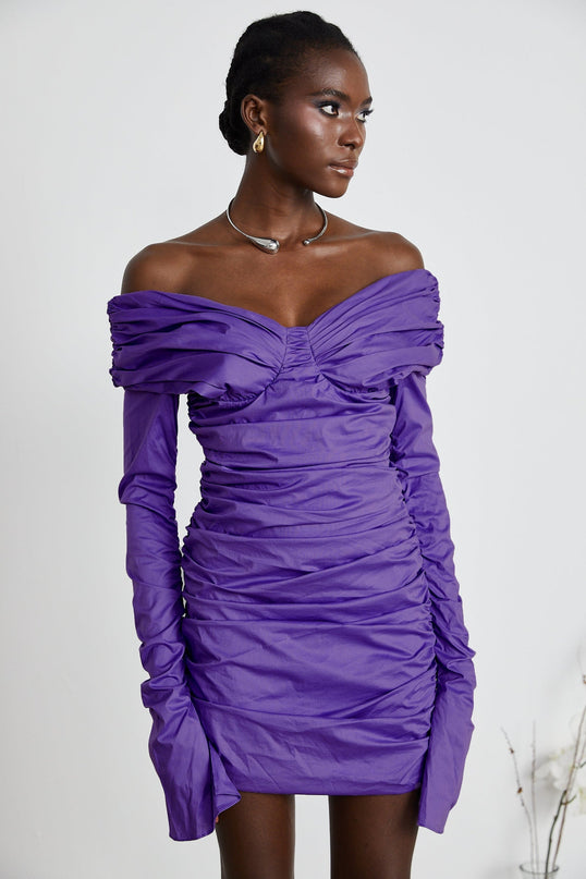 Lucy Purple Off-Shoulder Ruched Mini Dress with Long Sleeves and Rear Zip Fastening