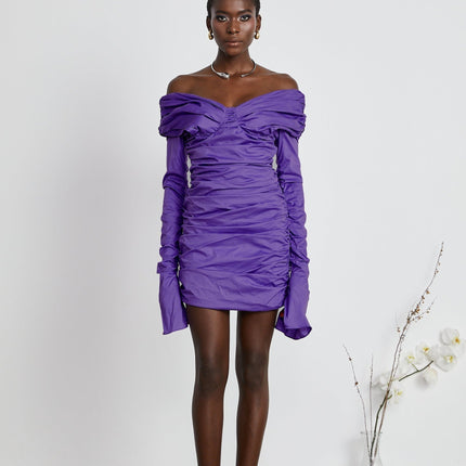 Lucy Purple Off-Shoulder Ruched Mini Dress with Long Sleeves and Rear Zip Fastening