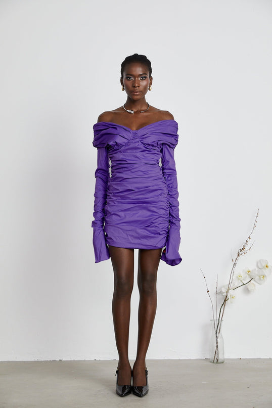 Lucy Purple Off-Shoulder Ruched Mini Dress with Long Sleeves and Rear Zip Fastening