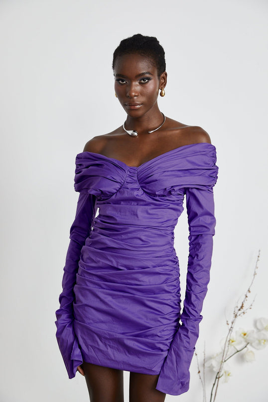 Lucy Purple Off-Shoulder Ruched Mini Dress with Long Sleeves and Rear Zip Fastening