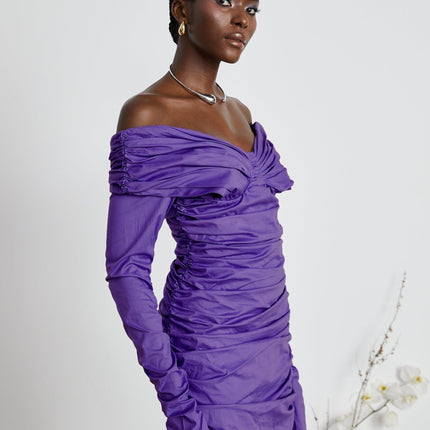 Lucy Purple Off-Shoulder Ruched Mini Dress with Long Sleeves and Rear Zip Fastening