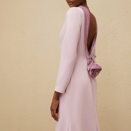Lucy Purple Open Back Long Sleeve Gown with Faux-Flower Detailing and Rhinestone Embellishments