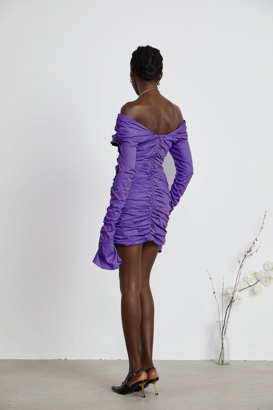 Lucy Purple Ruched Off-Shoulder Mini Dress