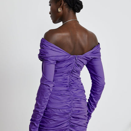 Lucy Purple Ruched Off-Shoulder Mini Dress with Long Sleeves and Thigh-Length Hem