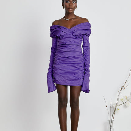 Lucy Purple Ruched Off-Shoulder Mini Dress with Long Sleeves and Rear Zip Fastening