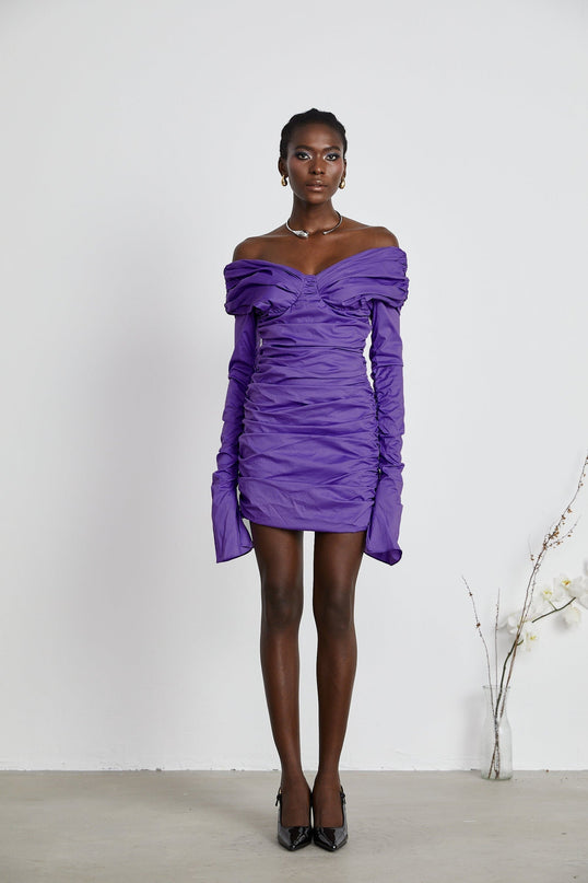 Lucy Purple Ruched Off-Shoulder Mini Dress with Long Sleeves and Rear Zip Fastening