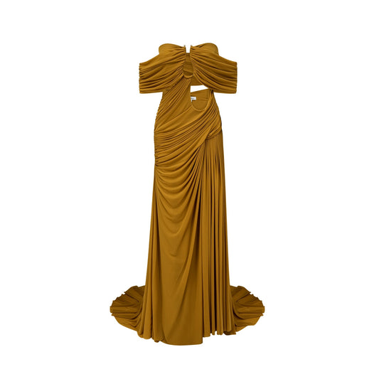 Ludivine ocher offshoulder cutout ruched maxi dress