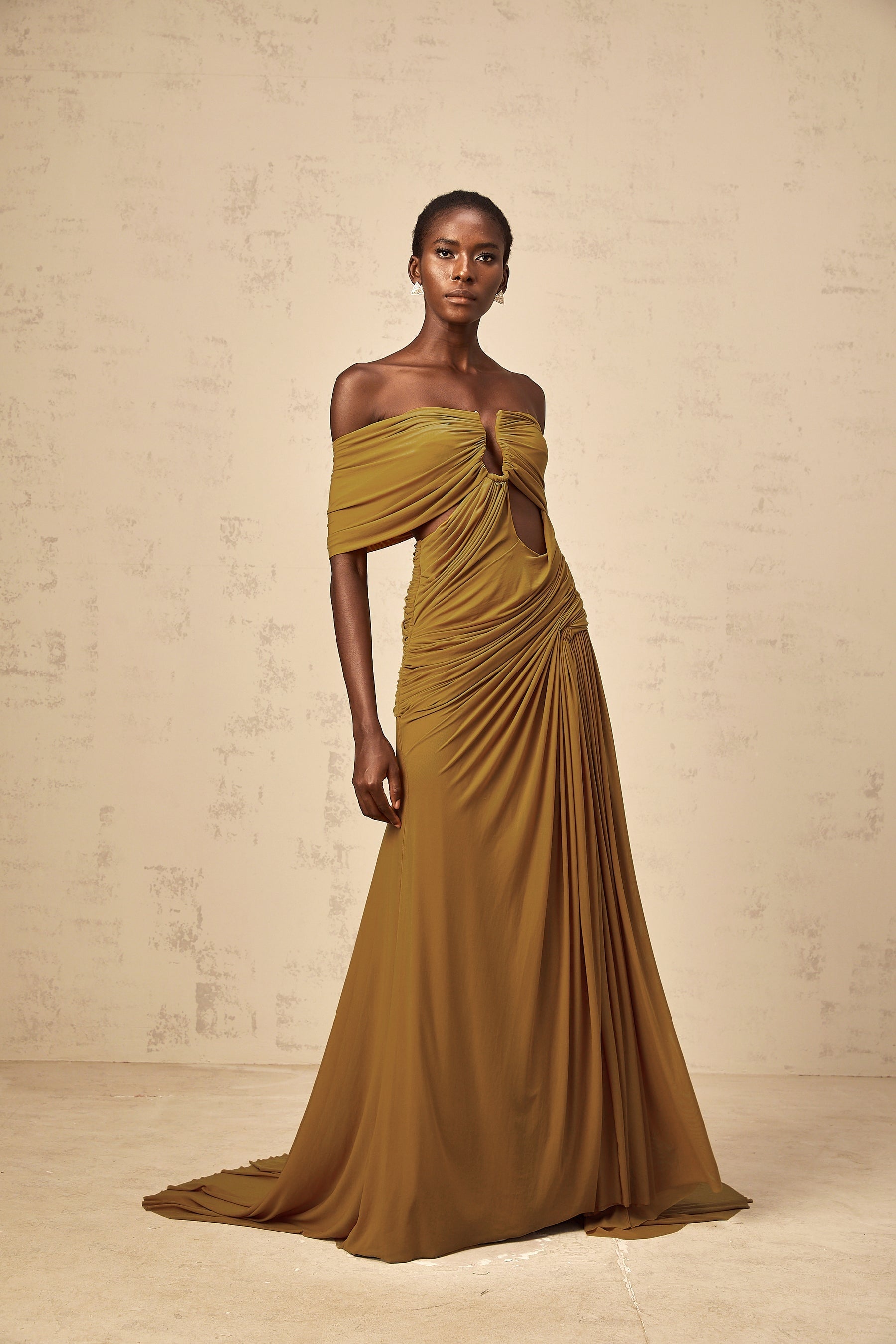 Ludivine ocher offshoulder cutout ruched maxi dress