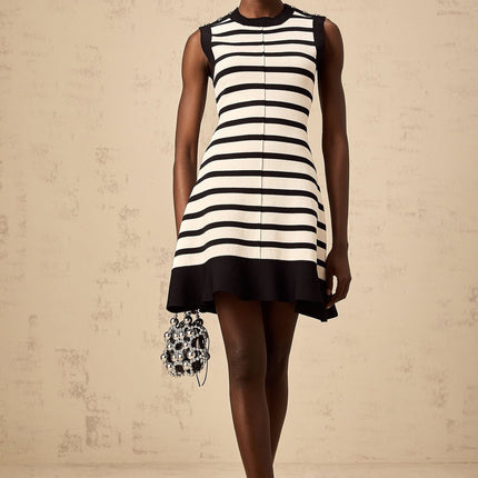 Ludovica Black Knitted Mini Dress with Horizontal Stripe Pattern and Ruffled Hem