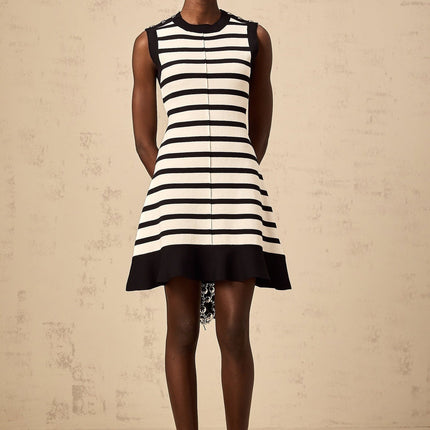 Ludovica Black Knitted Stripe Mini Dress with Ruffled Hem and Silver Buttons