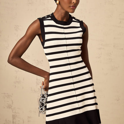 Ludovica Black Knitted Stripe Mini Dress with Ruffled Hem and Silver Buttons