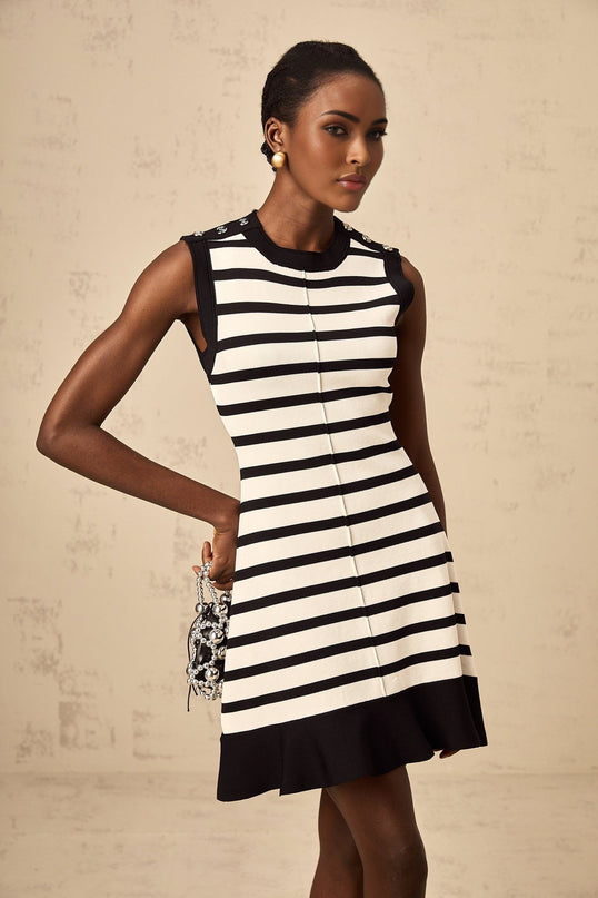 Ludovica Black Knitted Stripe Mini Dress with Ruffled Hem and Silver Buttons