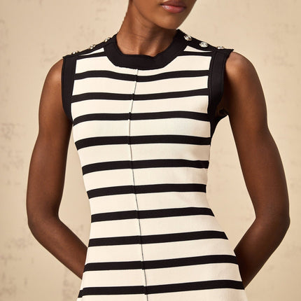 Ludovica Black Knitted Stripe Mini Dress with Ruffled Hem and Silver Buttons