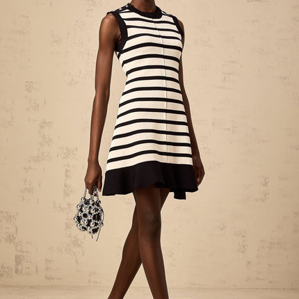 Ludovica Black Knitted Stripe Mini Dress with Ruffled Hem and Silver-tone Buttons