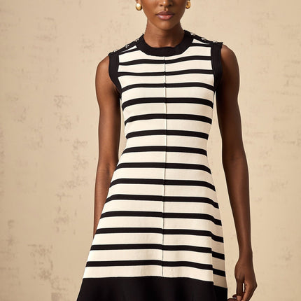 Ludovica Black Knitted Striped Mini Dress with Ruffled Hem and Silver-tone Buttons