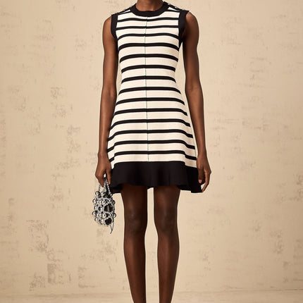 Ludovica Black Mini Dress Knitted Horizontal Stripe Pattern Ruffled Hem Silver Buttons Crew Neck Sleeveless Viscose Polyamide Elastane