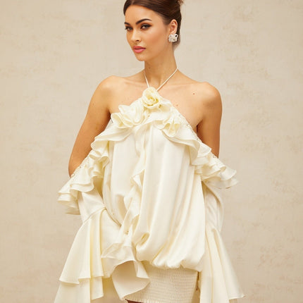 Ludovica Mini Dress in Neutrals with Halterneck and Ruffled Detailing