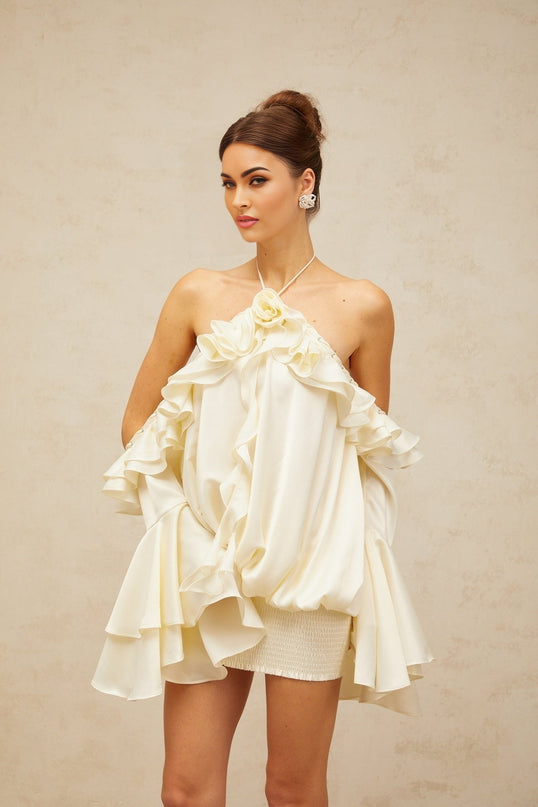 Ludovica Mini Dress in Neutrals with Halterneck and Ruffled Detailing