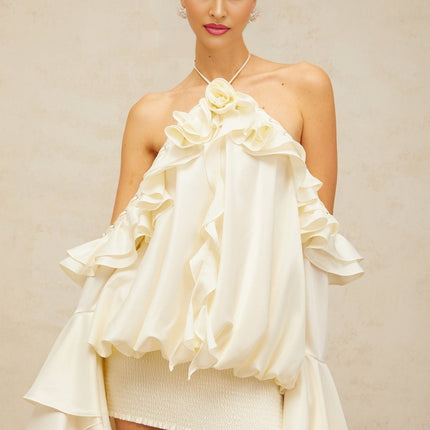 Ludovica Mini Dress in Neutrals halterneck ruffled eyelet embellishments flared sleeves cold shoulder design slip pockets shirred panel stretch skirt rear tie fastening daytime events evening soirées timeless charm modern allure