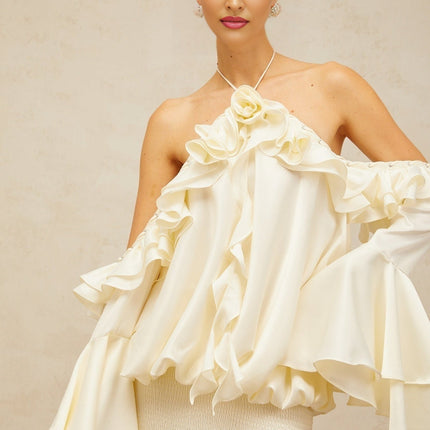Ludovica Mini Dress in Neutrals with Halterneck, Ruffled Detailing, and Eyelet Embellishments
