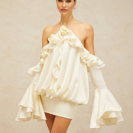 Ludovica Neutrals Mini Dress Halterneck Ruffled Eyelet Embellishments Flared Sleeves Cold Shoulder Pockets Shirred Panel Stretch Skirt Tie Fastening Daytime Evening Events Sophistication Elegance Grace