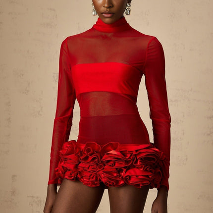 Ludovica Red Tulle 3D Petal Bouquet Mini Dress