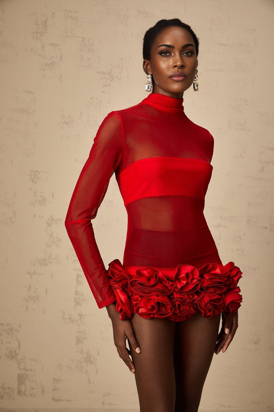 Ludovica Red Tulle 3D Petal Mini Dress
