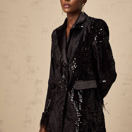 Luigia Black Sequin Blazer with Feather Embellished Cuffs
