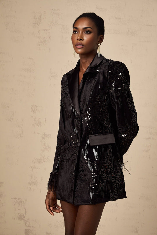 Luigia Black Sequin Blazer with Feather Embellished Cuffs