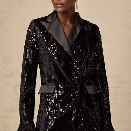 Luigia Black Sequin Trim Blazer with Feather Embellished Cuffs