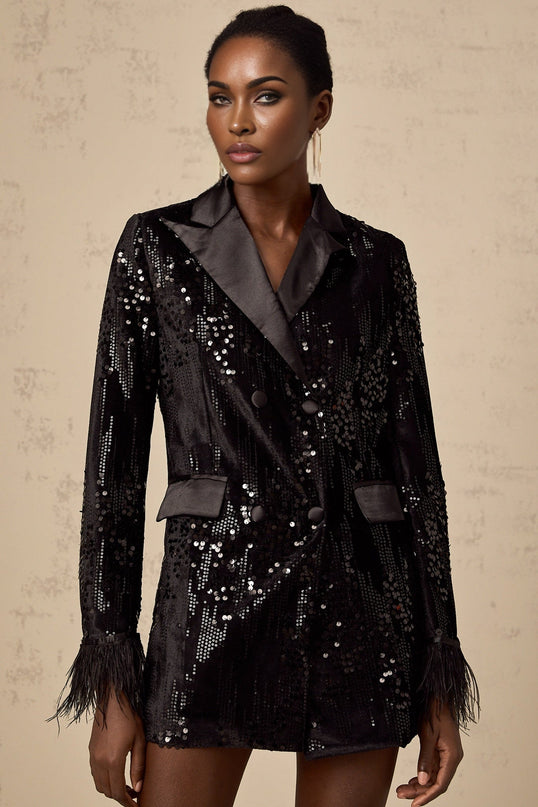Luigia Black Sequin Trim Blazer with Feather Embellished Cuffs