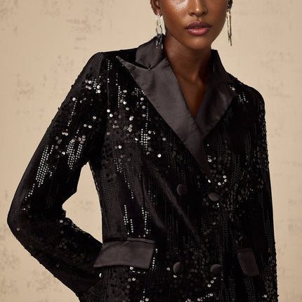 Luigia Black Sequin Trim Blazer with Feather Embellished Cuffs