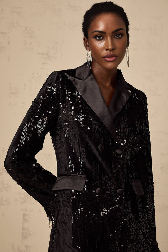 Luigia Black Sequin Trim Blazer with Feather Embellished Cuffs