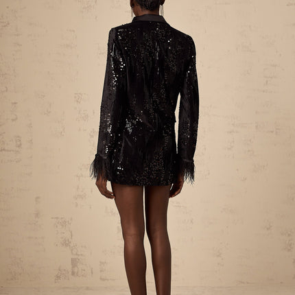 Luigia Black Sequin Trim Blazer with Feather Embellished Cuffs