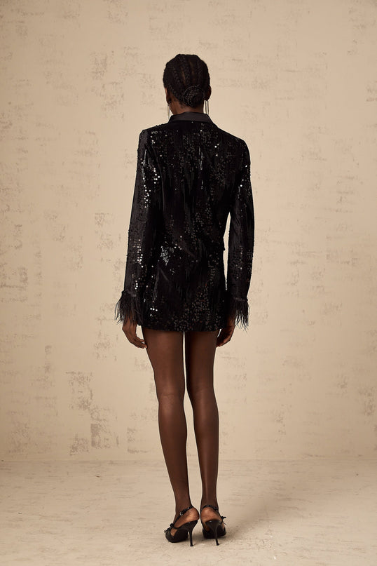 Luigia Black Sequin Trim Blazer with Feather Embellished Cuffs
