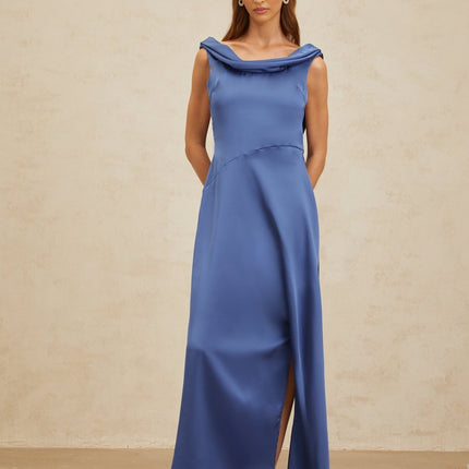 Luigia Blue Maxi Dress Satin Cowl Neck Open Back Side Slit Bow Detail Flared Hem